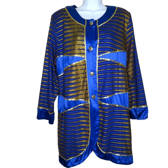 Vintage 70s Mod Coat Jacket L Blue Gold Mid Length Buttons Shoulder Pads Boho - Picture 1 of 15